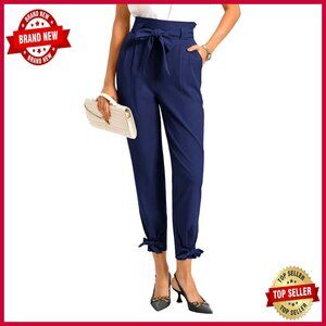 High Waist Pencil Pants Paper Bag Style Cropped Ankle Work Casual Chic